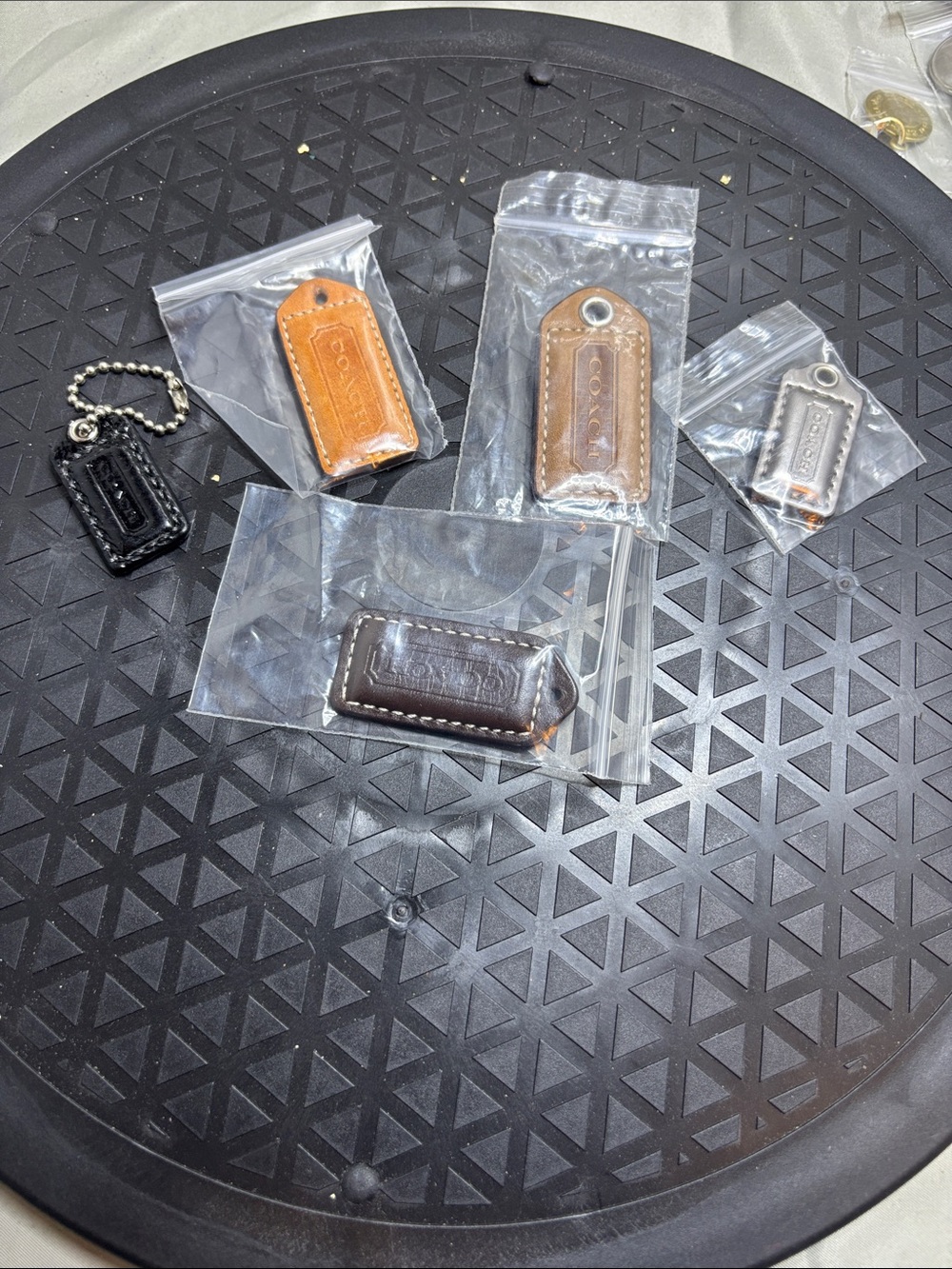 Coach Leather Tag Keychains - Black, Brown, Tan, Silver Tones